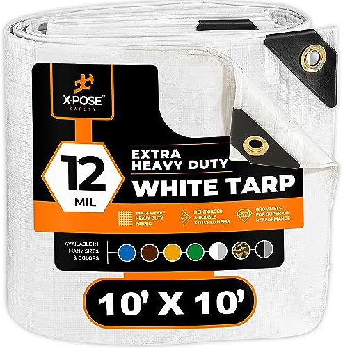 Heavy Duty White Poly Tarp 10' x 10' Multipurpose Protective Cover - Durable, Waterproof, Weather Proof, Rip and Tear Resistant - Extra Thick 12 Mil Polyethylene - by Xpose Safety