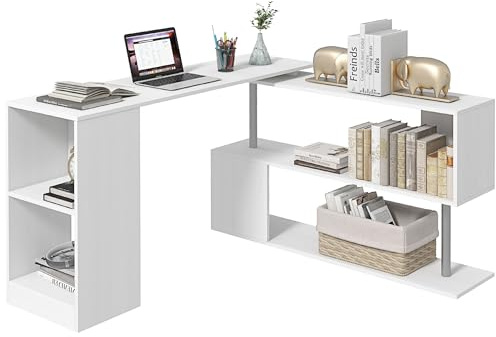 HOMCOM 55 360° Rotating Corner Computer Desk Modern L-Shaped Home Office Workstation with 3-Tier Storage Shelves, Bookshelf, White