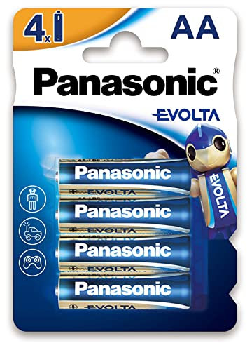 Panasonic batteries AA EVOLTA, confezione da 4 pile alcaline, AA Mignon LR6, 1, 5 V, batteria di alta qualità per giocattoli, robot e torce, blu