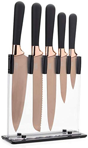 5pc Kitchen Knife Set & Block - Taylors Eye Witness. Rose Gold Coloured Bolsters, Finely Ground Razor Sharp Titanium Coated Matching Blades. Soft Grip Rounded Handles. Modern Upright Holder