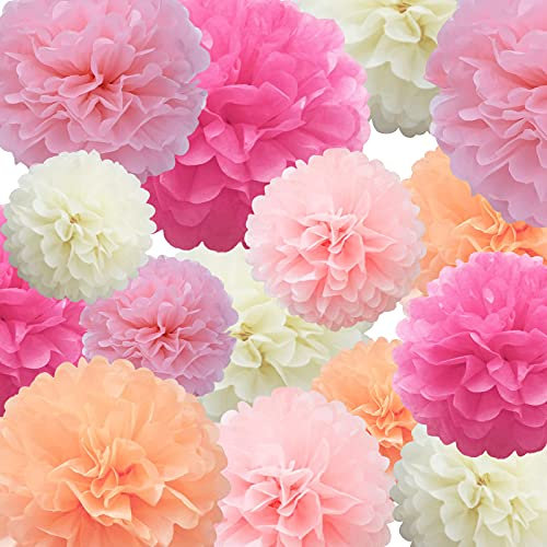 Seidenpapier PomPoms Papierblume 22 Stück Pink, Hellrosa, Pink, Elfenbein, Hellpfirsichpapier Blumenball zum Geburtstag Bachelorette Hochzeit Babyparty Brautparty Partydekoration