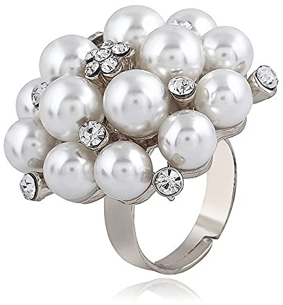 Dtja Big CZ Pearl Statement Wedding Ring for Women Girls Vintage CZ Crystal Faux Pearls Ball Flower Adjustable Open Band Wrap Birthday Cocktail Party Ring Comfort Fit Exaggerated Jewelry Gift
