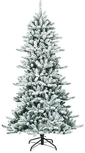 COSTWAY 210 cm Snötäckt Smal Utica Gran konstgjord julgran med vittoppade kottar, Premium julgran med gångjärn, 1108 grenar, blommande design, full form, robust järnbas, 100 % nytt PVC-material