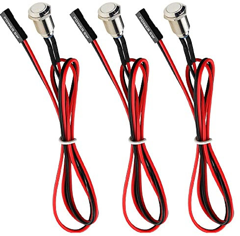 Guuzi 3 Stück Chassis Host Metallknopf, Computer Host Druckknopfkabel PC Gehäuse Netzschalter ATX Versorgung Ein/Aus für DIY Computer Knopf 60cm (12mm)