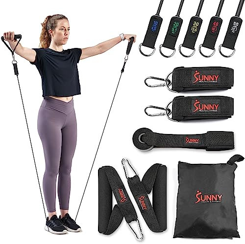 Sunny Health & Fitness Premium Resistance Band Set With Door Anchors, Wrist Straps, Handles & Carry Bag – Exercise Stretch Bands For Strength Training, Muscle Recovery, Yoga and More - NO. 089-COMBO