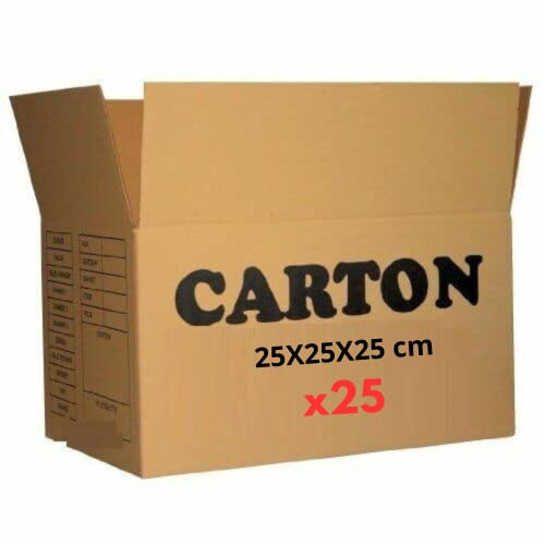 Kit Eco 25 Cartons Déménagement et Expédition | Transport Livres et Vêtements | Caisse Américaine Carrée 25 X 25 X 25 cm | Jusqu'à 15 KGS | 1 Rouleau Scotch Pro Offert