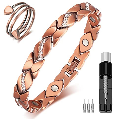 Braccialetti Magnetici per Donna Bracciali con Magneti da 3500 Gauss Bracciale in Rame Massiccio Braccialetto di Cristalli Anelli con Strumento di Regolazione