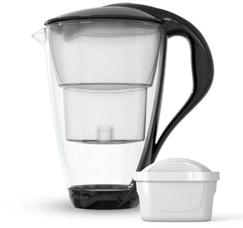 Dafi Jarra Filtradora de Agua de Cristal CRYSTAL Negro 2L - incl. Filtro de Agua UNIMAX, Sistema de Filtrado de Agua para Reducir la Cal, el Cloro, Sin BPA, Sensor LED - Jarra Filtrante de Agua