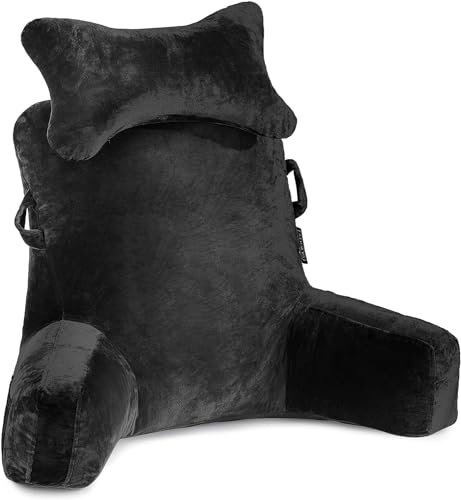 SLIGUY Almohada de Lectura Almohada de Descanso en Cama Extra Grande de 31 Pulgadas con Rollo de Cuello y Brazos Desmontables, Almohadas de Espalda para Adultos para Leer, Relajarse, Negro