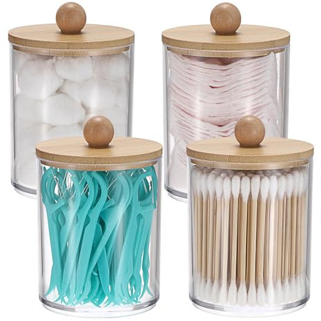 SUMTree 4 Pcs Apothecary Jars Cotton Ball & Swabs Holder Clear Acrylic Bathroom Storage Container with Bamboo Lid, Clear