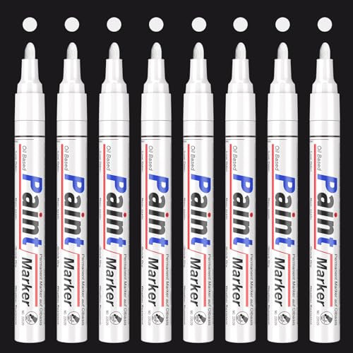 Lackstift Weiß Permanent Marker Weiß, 8er Set Lackstifte–Wasserfeste Lackmarker auf Ölbasis, Paint Pen Rundspitze 2–3mm, Für Reifen, Metall,Stein,Holz,Kunststoff,Glas, Gute Deckkraft &Schnelltrocknend