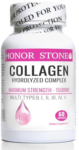 Honor Stone - Collagen Hydrolyzed Complex Capsules for Skin, Hair, Nails and Joints. Maximum Strength with All Types 1-5 Peptides - Not just Marine! Collagen Supplements for Women – 1 Month Supply