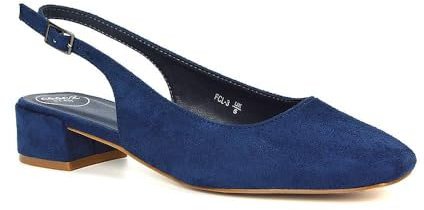 Women's Square Toe Slingback Court Shoes Ladies Block Heel Navy Faux Suede Ankle Strap Dress Pumps Size 6