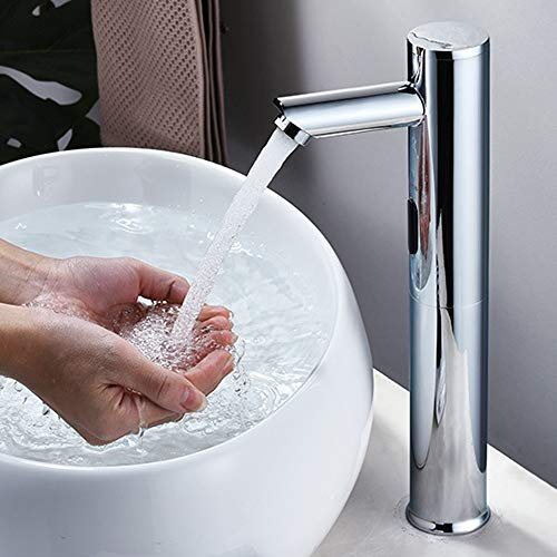 Grifo de baño con sensor automático por infrarrojos, grifo de lavabo sin contacto, latón, funciona con pilas, válvula de agua fría, altura 32 cm