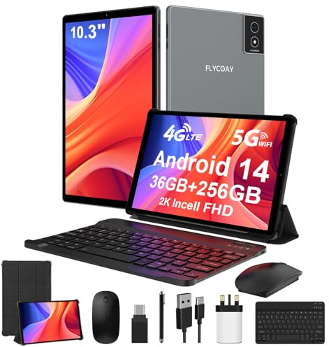 FLYCOAY 2K FHD Tablet 10,3 Inch Android 14,Octa-Core 2.0 GHz, 4G LTE+5G WiFi, 36GB RAM+256GB ROM (2TB TF), 8000mAh,13MP+8MP, GPS/BT5.0, Tablet with Keyboard, Mouse, Metal Body (Gray)