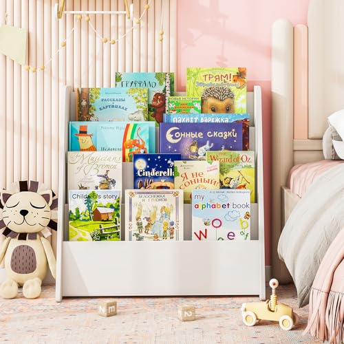 RELAX4LIFE Libreria Montessoriana per Bambini, Libreria in Legno a 4 Ripiani, Carico 40KG, Portariviste da Terra, Mobiletto Porta Libri per Cameretta e Asilo Nido (Bianco, 57,5x26,5x59 cm)