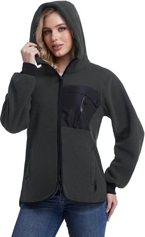 Mnking Damen Fleecejacke mit Kapuze Dicke Warme Polar Fleece Jacke Winter Full Zip Hoodie Winddicht Winterjacke für Outdoor Laufen Wandern Ski FS5563W-Grey-L