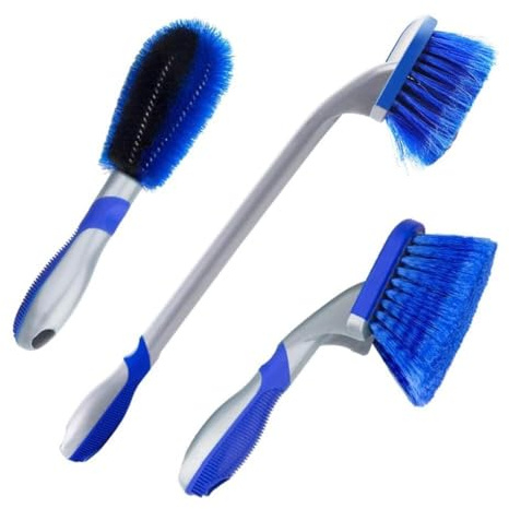 Lawnoval Juego de cepillos para ruedas de coche y neumáticos de mango largo con agarre ergonómico, cerdas de PVC para limpiar llantas, neumáticos y tren de rodaje, azul, paquete de 3