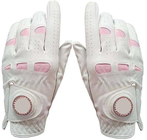GOXQIT 2 st/1 par golfhandskar i läder kvinnor med bling bollmarkör extra grepp vänster höger hand rosa passform damer flickor golfare för utomhus (1 par vit, S)