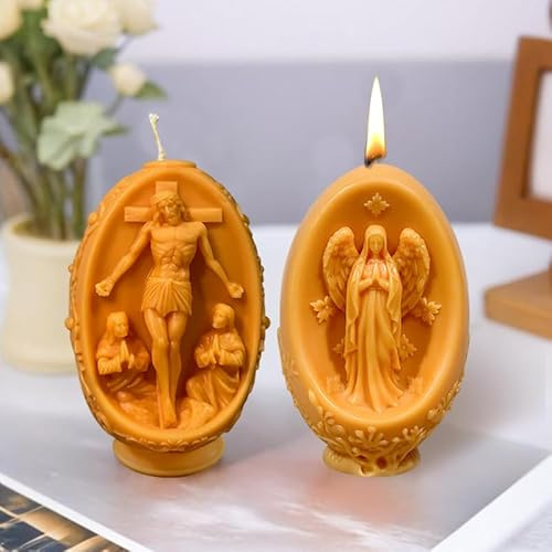 dellyy Moldes para Velas Pascua, Molde Velas en Forma de Huevo, Moldes Silicona Velas de Pascua, Molde para Velas de Pascua con Flores, Jesús y la Virgen María (Jesús)