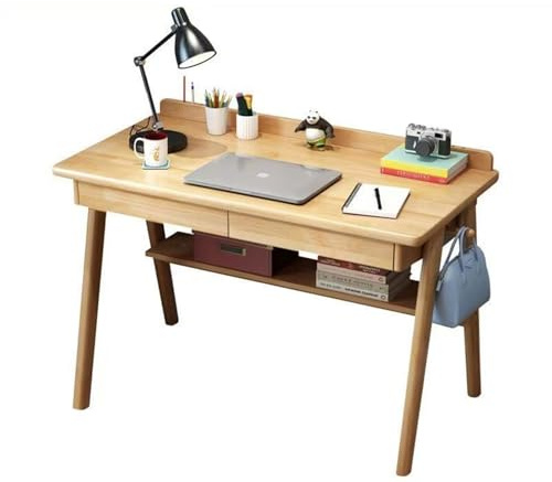 Escritorio de escritura de madera maciza con cajones, diseño moderno de mediados de siglo, escritorio de ordenador para oficina en casa con estante de almacenamiento y ganchos para espacios pequeños