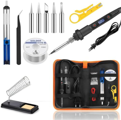 12-in-1, 80W einstellbare Temperatur 180–500 °C mit LCD-Display und Schalter, 5 Lötspitzen, Entlötpumpe, für Elektronikreparaturen und Heimwerkerarbeiten