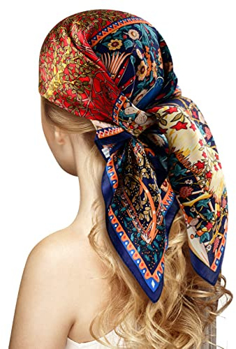 100% Silk Head Scarf for Women - 27 Hair Scarves Satin Bandanas Square for Night Sleeping with Gift Packed (Red/Tree)