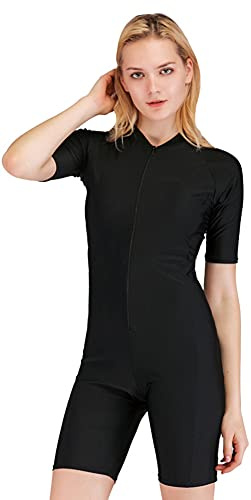YEESAM One Piece Swimsuit for Women Girls Short Sleeved Zip Front Rash Guard Surfing Swimsuits Beachwear Modest Swimming Costumes Legsuit Swimwear (Black, Int'l - M, m)