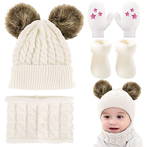 CheChury Bébé Bonnets et écharpes en Tricot Fille Hiver Pompom Tricotés Bonnet Bébé Garçon Chaud Écharpe et Gants Ensemble Enfants, 0-24 Mois,D-Blanc,Taille Unique