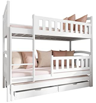 Etagenbett Kigaru, Hochbett mit 2 Schubladen, Etagenbett 3 Personen, Kinderbett mit Lattenrost, Stockbett für DREI Kinder, Bettrahmen aus Kiefernholz, Kinderzimmer (Weiß/Weiß., 90 x 200 cm)