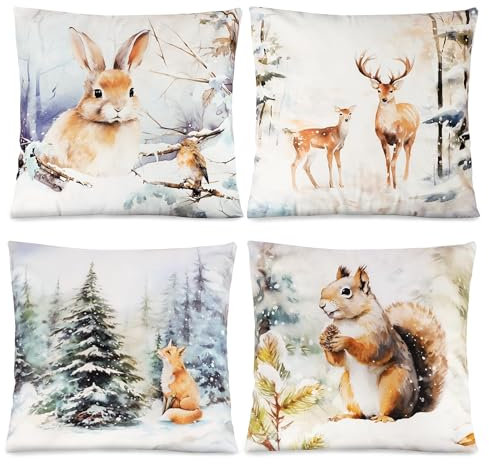 COLOFALLA 4 Stück Weihnachten Kissenbezüge 45x45cm in Schneelandschaft Hirsch Hase Zierkissenbezüge Weihnachtskissenbezug Kissenhülle Winter Deko für Wohnzimmer Schlafzimmer