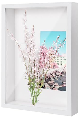 3D Bilderrahmen zum Befüllen, 3D Tief Objektrahmen A4, Schattenbox Vitrine Rahmen mit Transparente Acrylplatte Rahmen, Hölzern 3D Rahmen für Erinnerungsstücke Blumen Medaillen Foto (Weiß 3CM)