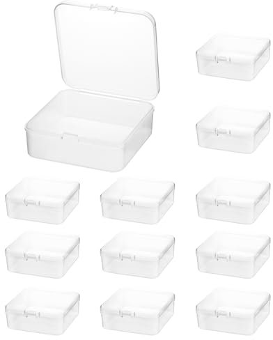 QWORK® 12 Stück Klein Quadratische Aufbewahrungsbox mit Klappdeckel, Kunststoff Aufbewahrungsbehälter für Perlen, Schmuck und Bastelartikel – 95 x 95 x 35 mm