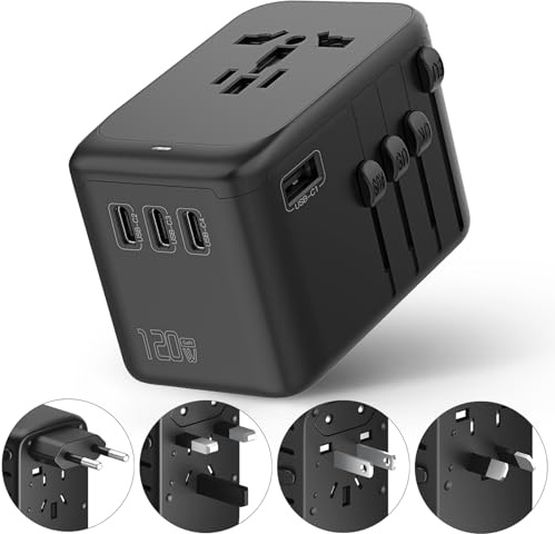 Reseadapter 120 W laddare, GaN universell reseadapter med 1 USB-A, 4 USB-C och 1 PD 100 W snabbladdning, allt-i-ett-adapter för EU, USA, UK, Japan