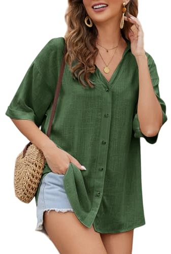 Niwicee Blusa de Mujer Camisa Lino Verano Cuello en V Camiseta Elegante Camiseta de Manga Corta Top Casual de Trabajo con Botones(Verde,M)