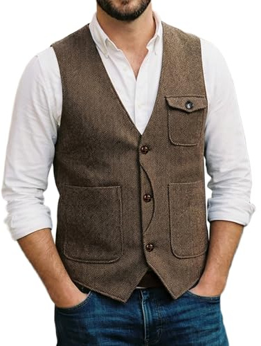 Solovedress Mens Vintage Wool 3 Real Pockets Suit Vest V Neck Tweed Waistcoat for Wedding Groomsmen