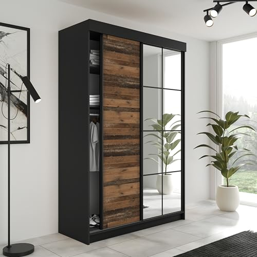 KIER FURNITURE Armoire Dressing LAMARO Noir/Style Ancien 138x205x59 cm | Armoire dressing spacieuse avec rangement pratique pour vêtements et linge, idéale pour chambre adulte ou enfant