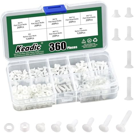 Keadic Lot de 360 vis M3 en nylon blanc à tête plate pour machine à tête plate en nylon, vis métriques, écrous de lave-linge, vis métriques, countersunk, ensemble d'assortiment de boulons à tête ronde
