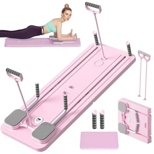 LOMUG Pilates Board, buktränare för hemma, Pilates-set, vikbar Pilates Reformer fitnessutrustning, bukträningsapparat med automatisk återfjädring och dragreep, Perfekt för nybörjare och