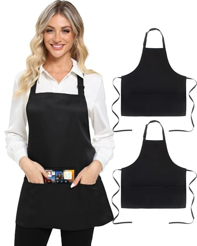 Xeoxarel 2 Pack Adjustable Bib Apron with 3 Pockets Cooking Kitchen Aprons for Women Men Chef, Waterdrop Black