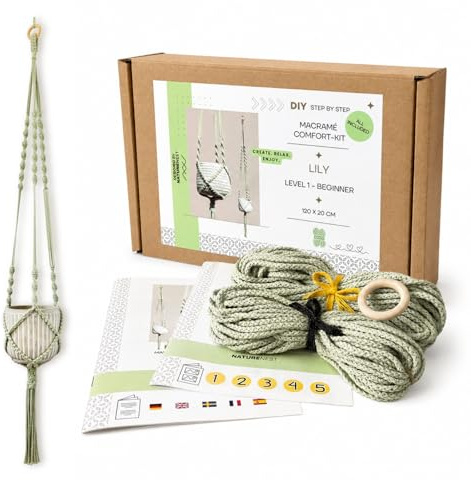NatureNest Makramé-set „Lily“ blomampel för nybörjare | Komplett set med garn, träring & steg-för-steg-instruktion | Tillverkat i Sverige