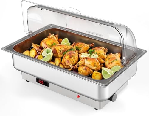 Garvee Chafing Dish Eléctrico 600W de Acero Inoxidable, Calentador Buffet con Tapa Rolltop Transparente, Control de Temperatura, 1 Bandeja 1/1 y 2 Bandejas 1/2, Ideal para Fiestas y Catering, 220V