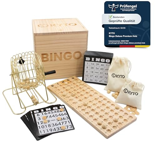Kyto Juego de Bingo Deluxe Juego de tambor de metal dorado y caja de madera, 75 bolas, 150 papas fritas, 18 tarjetas de bingo reutilizables + 500 tarjetas de bolígrafo, juego de mesa para familia