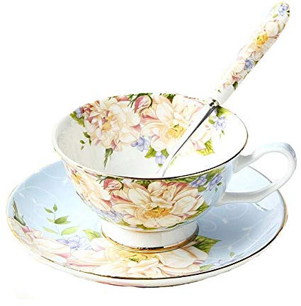 Juego de regalo vintage de porcelana fina, cuchara y platillo, adornos dorados, decoración de comedor y mesa (rosa azul)