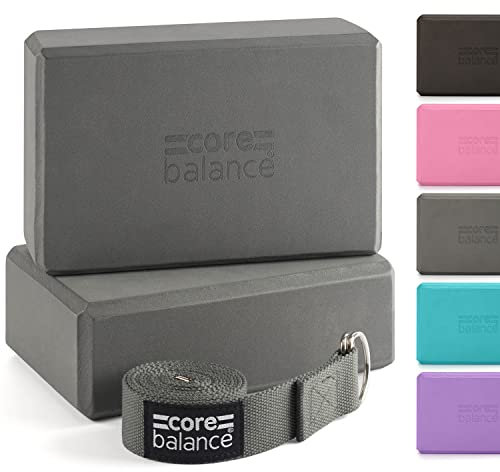 Core Balance Yoga Blocks im Doppelpack & GRATIS Yoga-Gurt, 2 STK. Eva Schaumstoff-Blöcke, robust & leicht, Riemen aus Baumwolle mit innovativem D-Ring Verschluss, ideal für Pilates, 5 versch. Farben