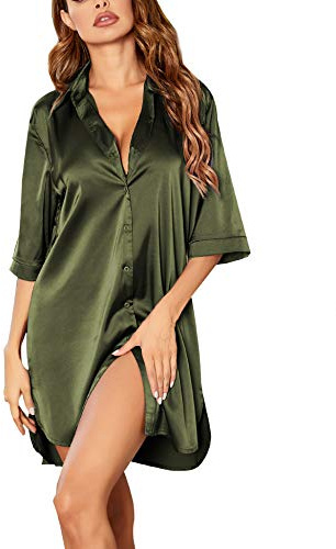 Ekouaer Satin nattlinne dam sommar kortärmad knappslå sexig nattklänning kort 3/4 ärmar sleepshirt med djup V-ringning nattkläder negligé, 8 mörkgrön, S