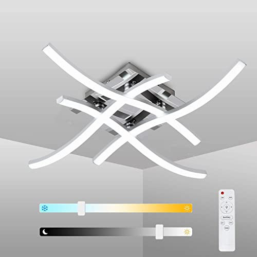 LED Ceiling Light 24W Modern Curved Design LED Ceiling Lamp with Remote Control 3 Color Dimmable Metal Flush Mount Ceiling Lighting Fixture 4 Built-in LED Boards for Living Room Bedroom Hallway Office