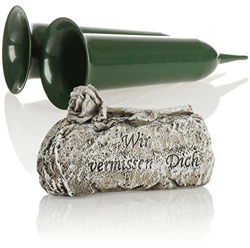 com-four® 3-teiliges Set Grab-Deko - Gedenkstein Wir vermissen Dich mit Grabvase - Friedhofsvase mit Erdspieß - Trauerstein mit Rose (1 Stück - Rose mit 2X Vase)