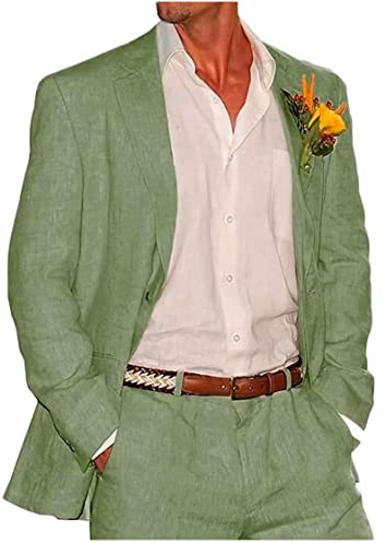 Botong 2 PC Linen Wedding Suits for Men Peak Lapel Prom Suit Regular Fit Groom Tuxedos Summer Beach Suit Casual Wear Sage 44 Chest / 38 Waist