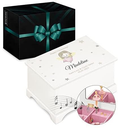 Maverton Personalised Ballet Dancer Music Box for Woman - Jewellery Treasure Box for Girls - White Wooden Case with Mirror - for Birthday - Overprinted Storage Box for her - Stars
